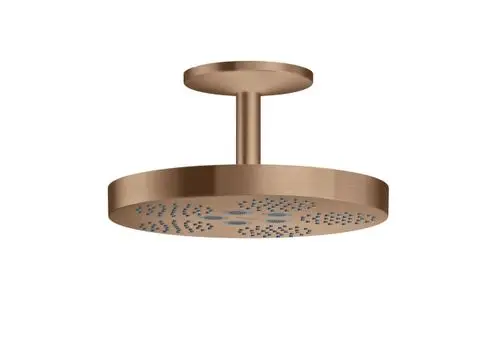Kopfbrause von AXOR in rotgoldener Optik mit kreisförmigem Design und Deckenanschluss, ausgestattet mit gleichmäßigen Wasserstrahlen für die Duschinstallation.
